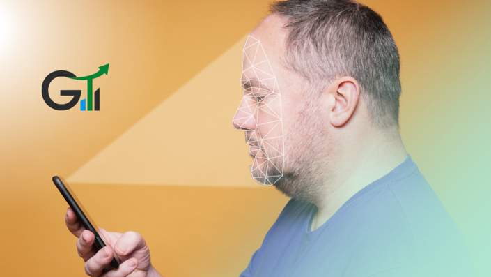 Uma imagem mostrando um usuário autenticando uma compra com biometria facial ressaltando a segurança em pagamentos online.