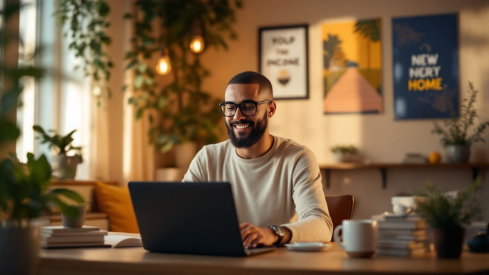 trabalhando como freelancer em casa, buscando novas fontes de renda.