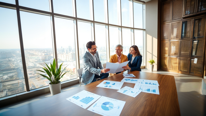 Um profissional explicando opções de seguros e planejamento financeiro para um casal que analisa uma planilha de orçamento