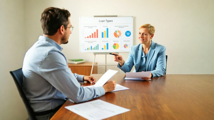 Consultora financeiro explicando para um cliente os critérios para escolher entre os tipos de empréstimo.