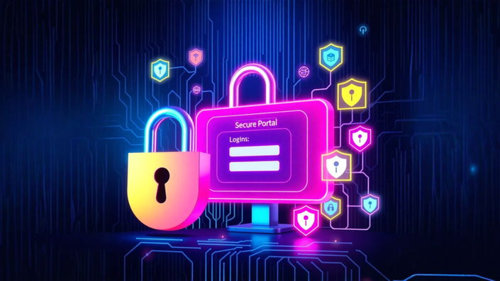 Imagem mostrando a segurança digital no uso do portal, com um cadeado e autenticação de dois fatores.